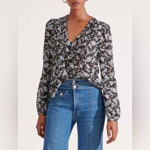 veronica beard lowell blouse | 100% silk long sleeve floral top | size 0